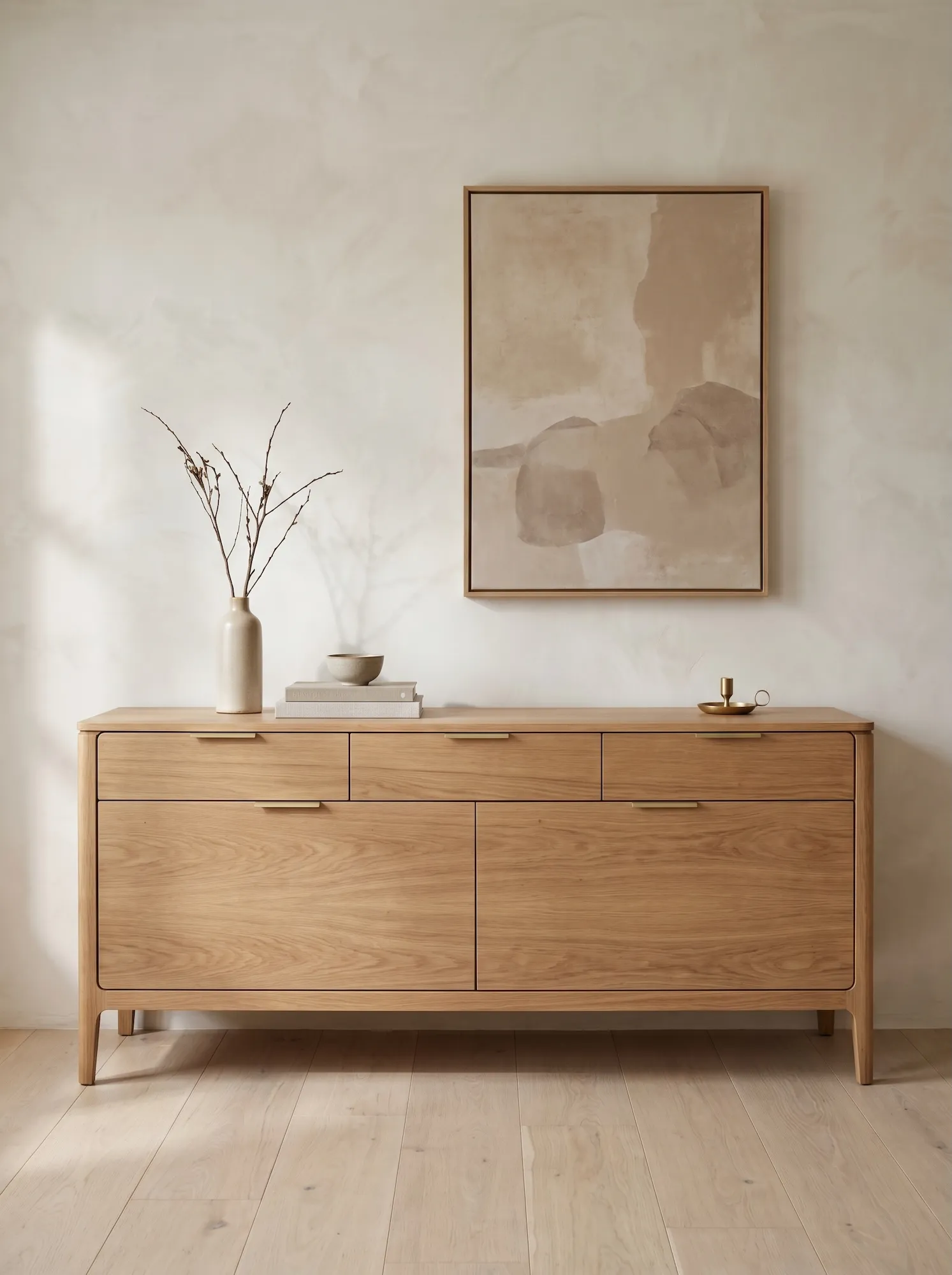 Bespoke oak sideboard with soft-close drawers, simple handles, and calm wall styling
